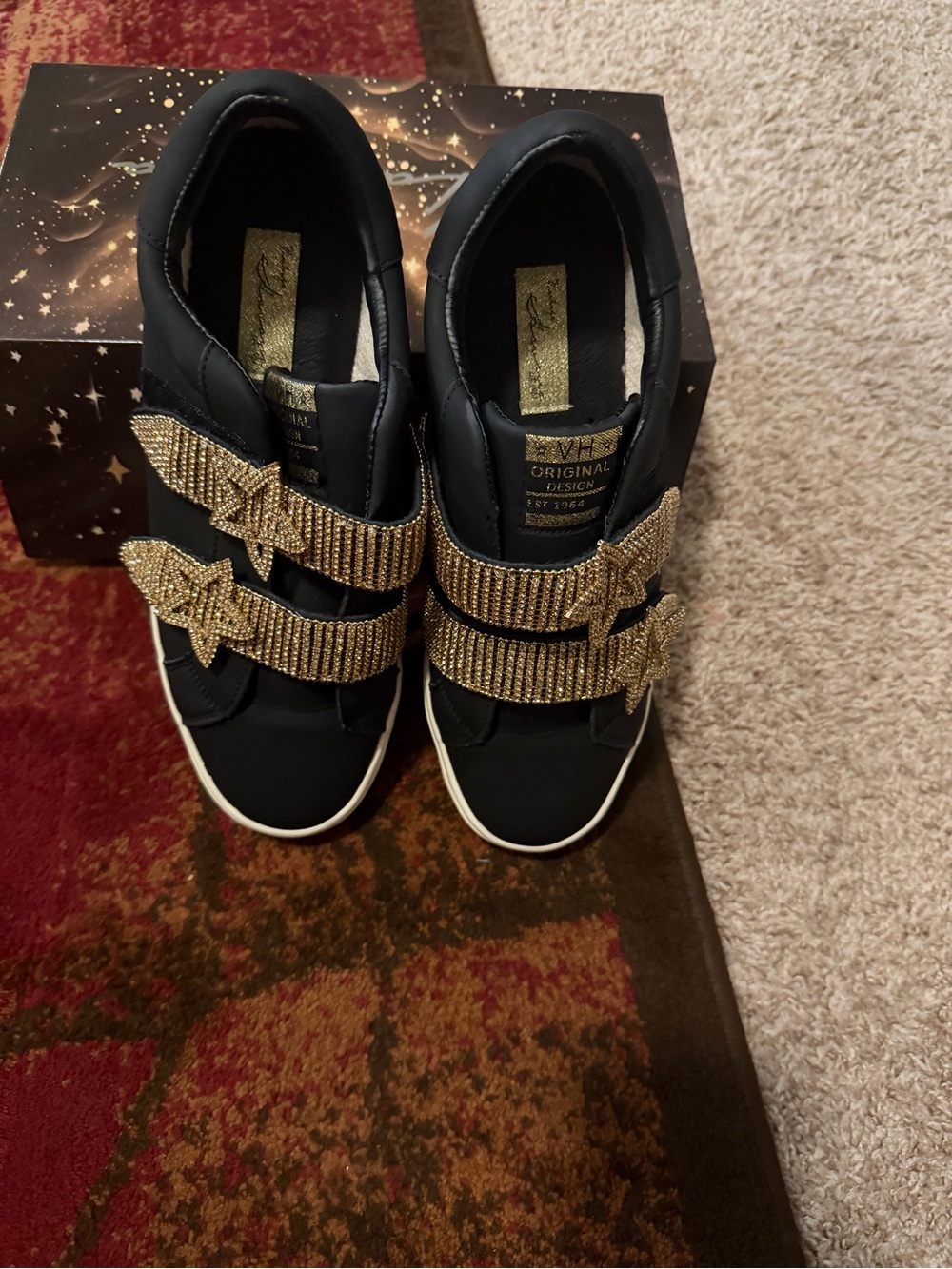Vintage Havana Black Slip-On Sneakers with Gold Crystal Straps